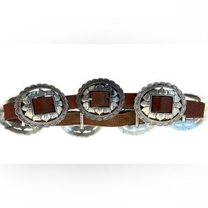 Brighton 1993 Sunflower Western Brown Leather Concho Belt Silver-Tone Buckles